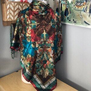 Estate Boutique Rich Reds Brown Gold Teal Colors Paisley Silk Scarf 35" SQ